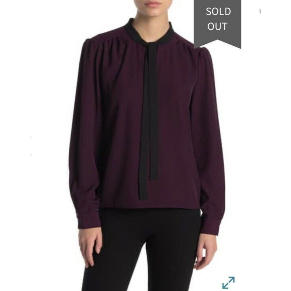 Calvin Klein Long Sleeve Contrast Bow Blouse Purple Black Sz PXL Petite NWT